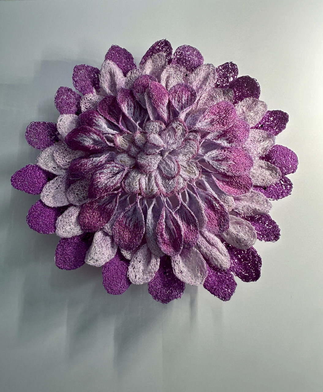 Pink dahlia sculptural embroidery