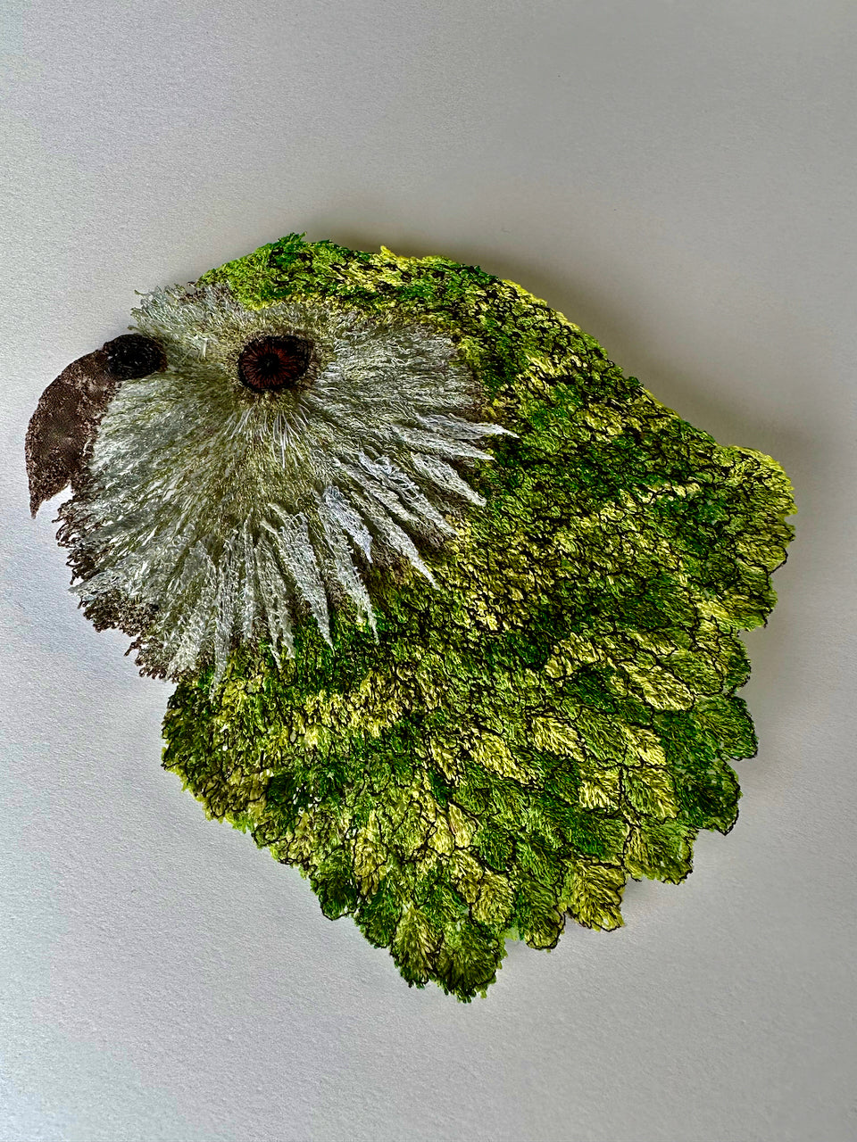 Kakapo sculptural embroidery