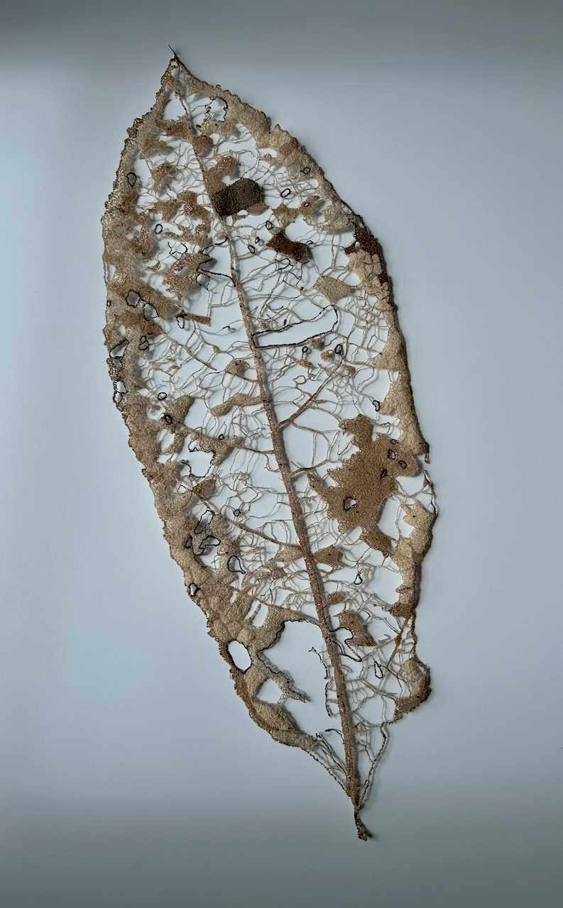 Giant Mahoe Leaf. 3D Thread Sculpture - Golden art award winning piece.