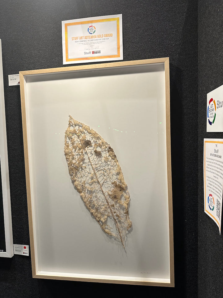 Giant Mahoe Leaf. 3D Thread Sculpture - Golden art award winning piece.