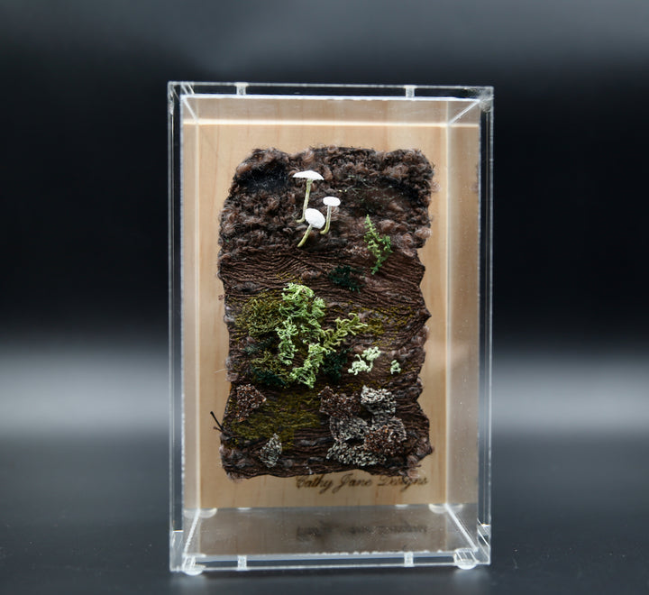 NZ Mycena fungi on bark 3D Thread Sculpture.