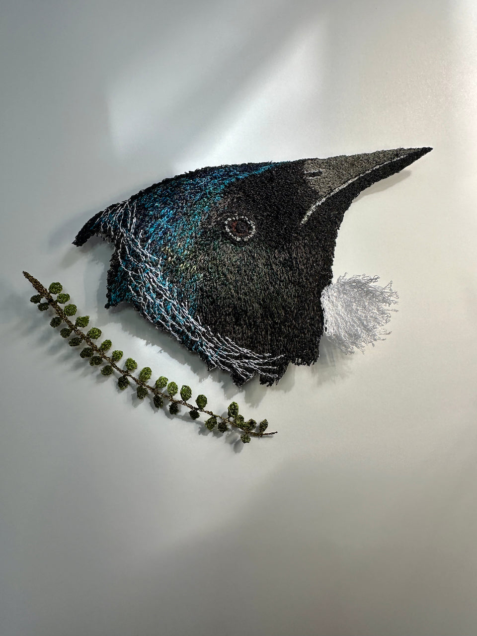 Tui and Kowhai leaf sculptural embroidery #2.