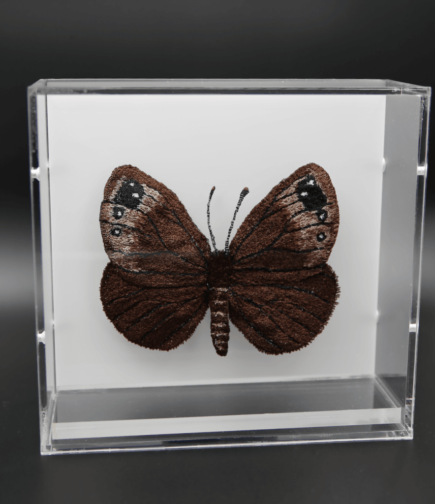 Black Mountain Ringlet Butterfly 3D Sculptural Embroidery. Embroidery