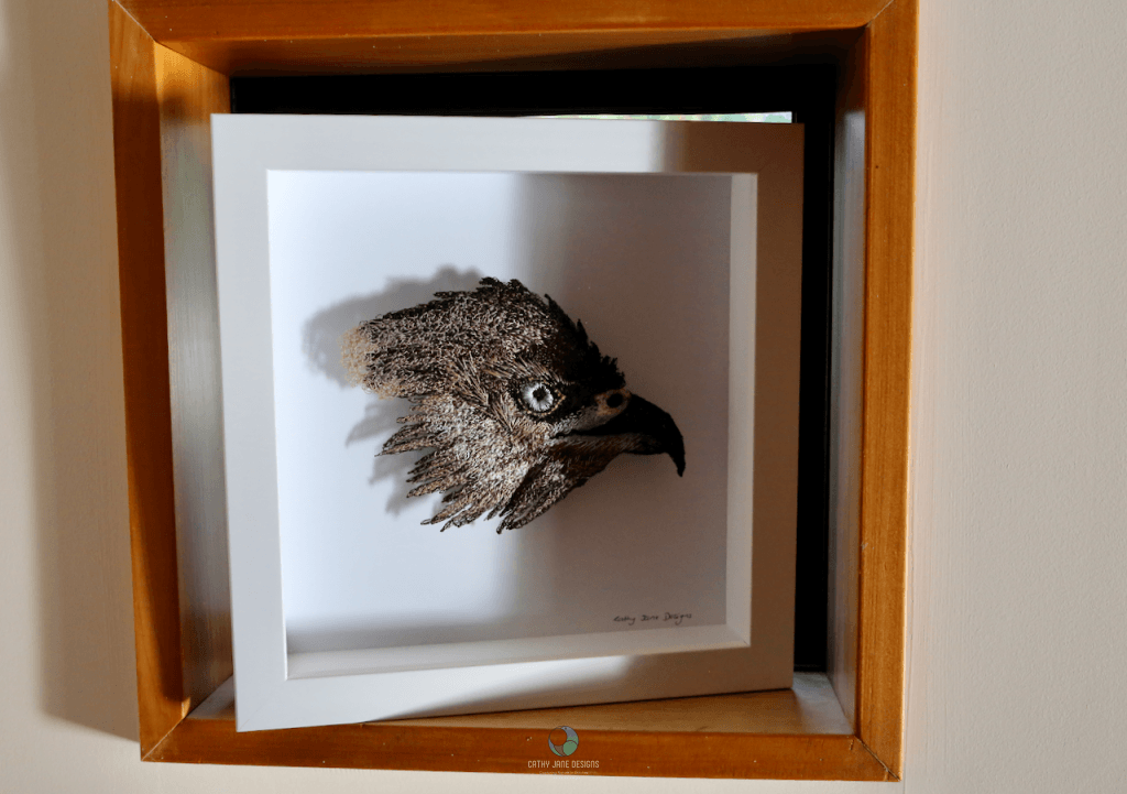 Harrier Hawk sculptural embroidery - Cathy Jane Designs