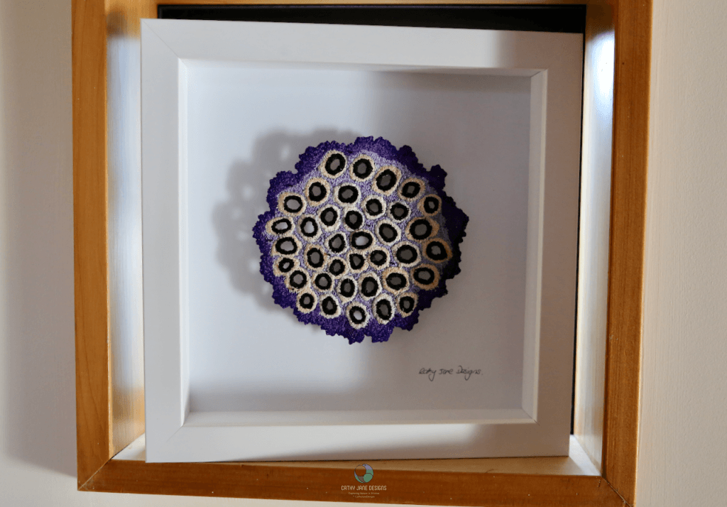 Lotus Seedpod sculptural embroidery - Cathy Jane Designs