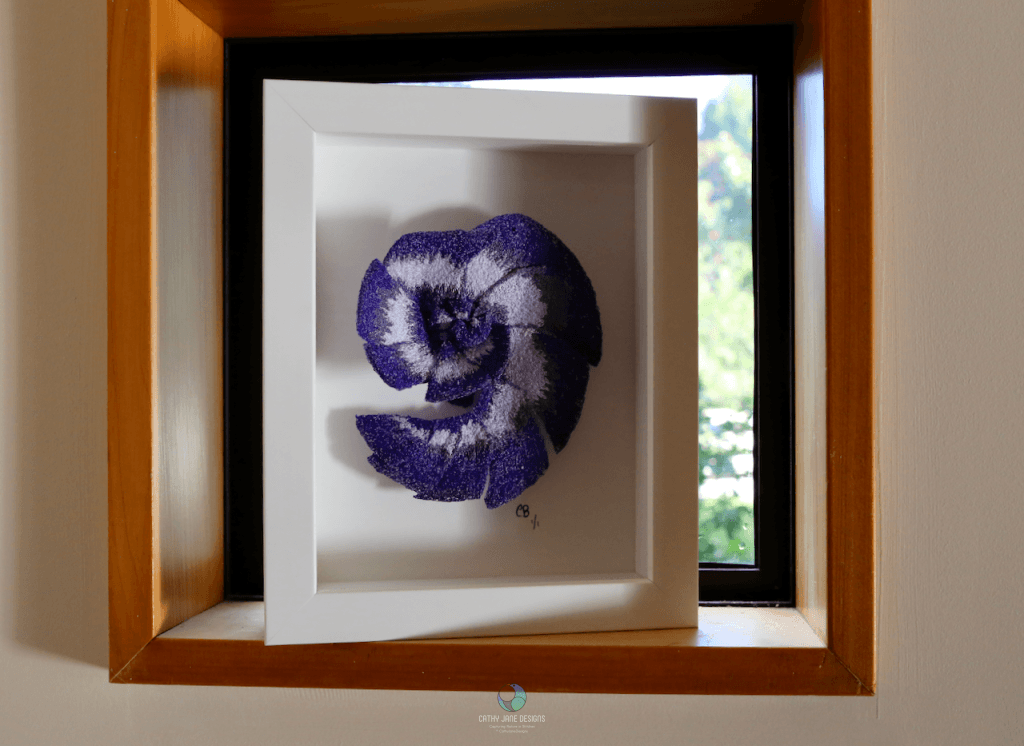 Violet snail shell sculptural embroidery - Cathy Jane Designs